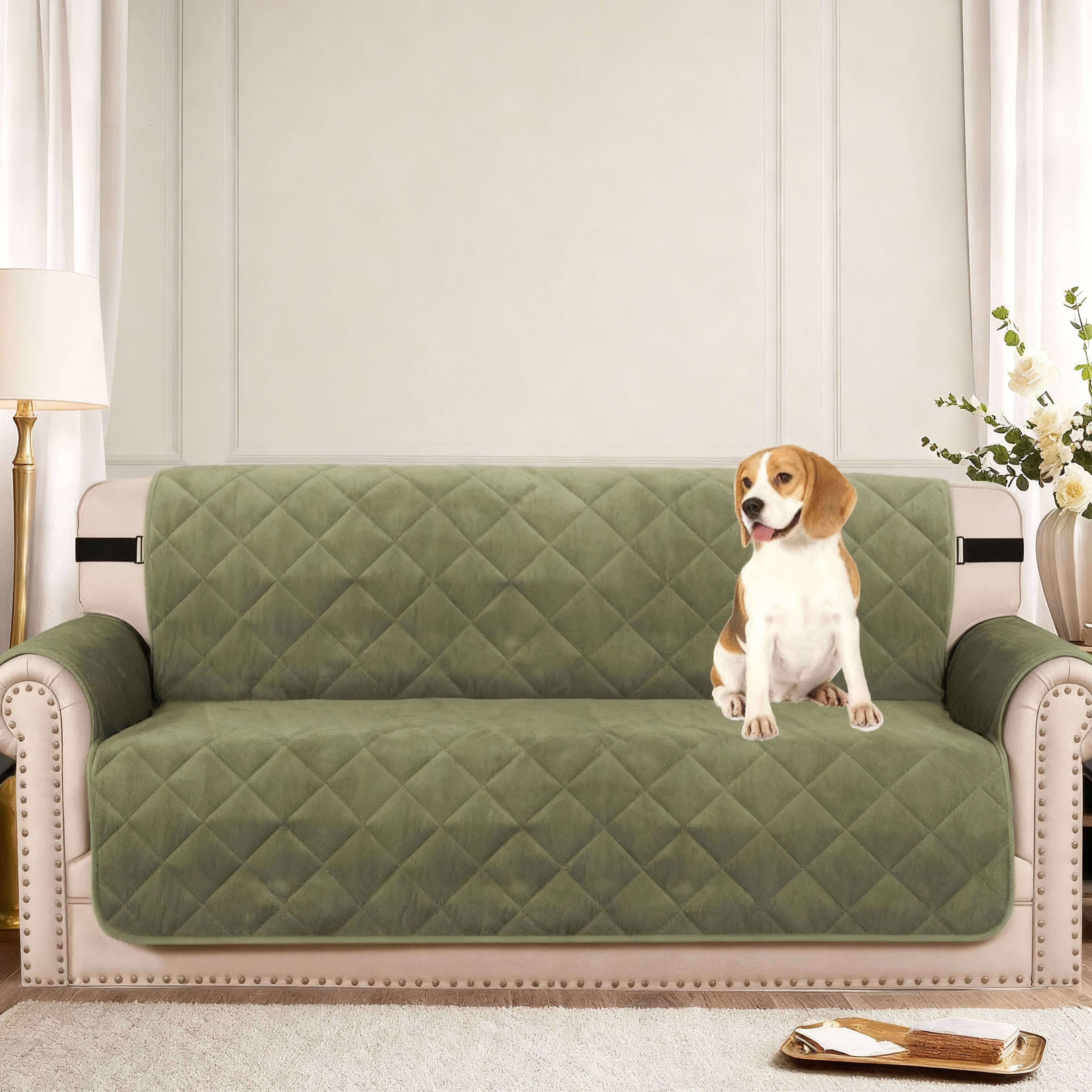 Thick Velvet Sofa Cover Soft Couch Cover for 3 Cushion Cover Washable Furniture Protector for Dogs Non-Slip Sofa Slipcover with Elastic Strap