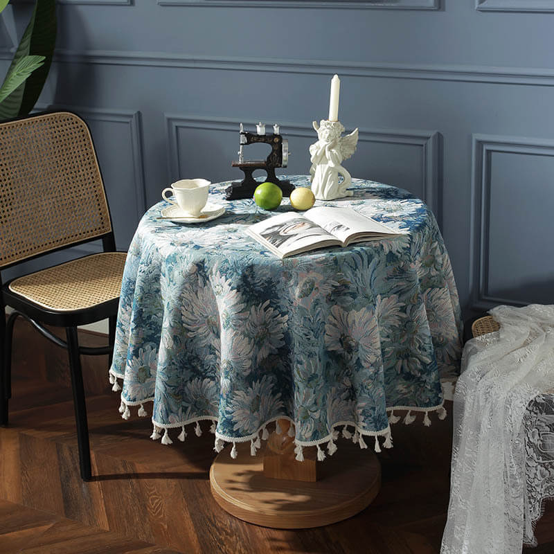 Cotton Linen Print Tassel Tablecloth , Indoor Outdoor Home Party Decor