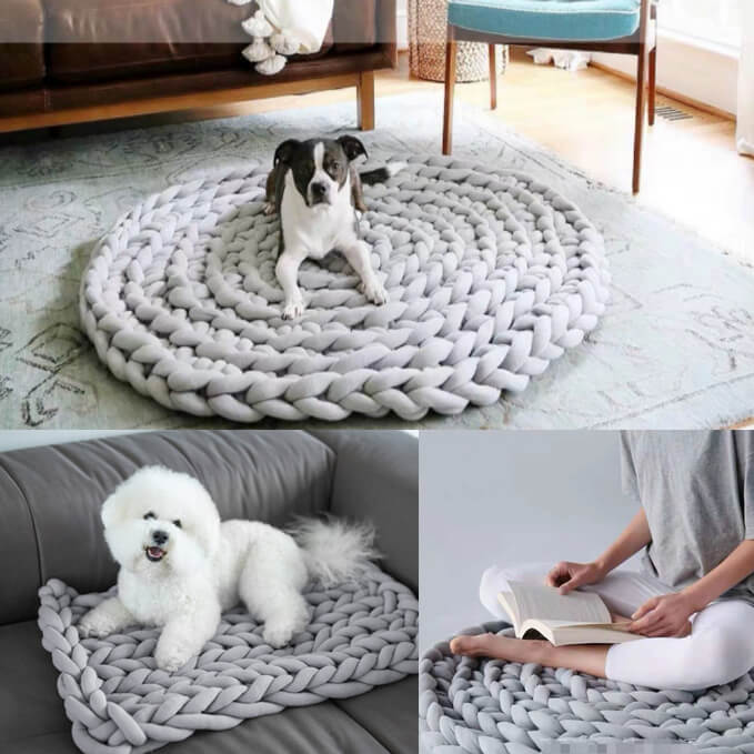 Chunky knitting Dog Bed Rug | Hand Braided Round Rug - KnitFirst