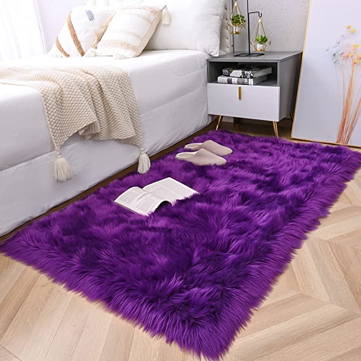 Fluffy Faux Fur Rug Shaggy Sheepskin Area Small Rug For Bedroom Fuzzy Carpet  For Living Room 2x3 Ft, Purple